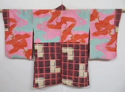 1217N01z450 Vintage Japanese Kimono Silk MEISEN HAORI Coral Pink Block • $120