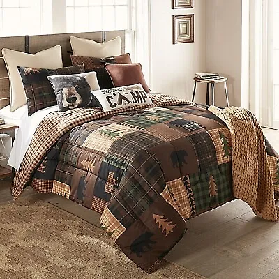 Donna Sharp Brown Bear Cabin Comforter Set Rustic Lodge Green Tan & Kila Throw • $89.95