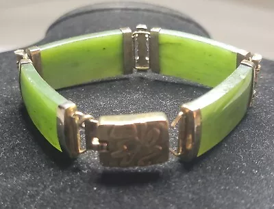 VTG Sterling Silver Gold Wash Jade Panel Link Hinged Bracelet 7.75” • $9.99