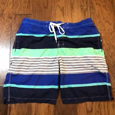 Merona Men Blue Green White Striped Drawstring Swim Trunks Shorts Sz Large • $12.50