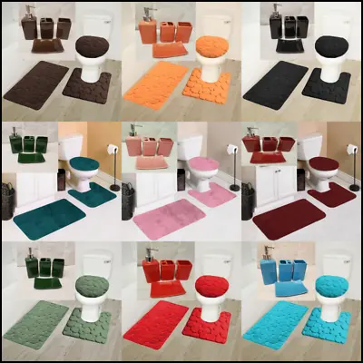 7pc Soft Bathroom Set Bath Mat Contour Rug Toilet Lid Cover + Ceramic Accesories • $29.75