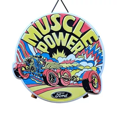 Muscle Power By Ford 7in Licensed Die Cut Embossed Tin Vintage Look Hanging Sign • $25.95