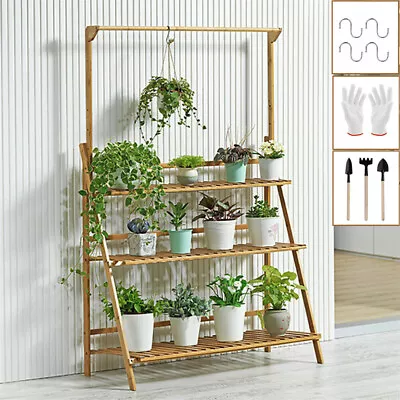 3 Tier Folding Bamboo Plant Stand Pot Shelf Stand Rack Indoor Outdoor Greenhouse • $30.91