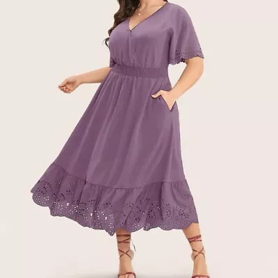 Bloomchic Size 18-20 Laser Cut Shirred Pocket Wrap Scalloped Trim Flutter Dress • $38