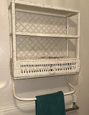 Vtg MCM 3 Tier Wicker Wall Shelf W/Drawer & Bentwood Towel Bar Shabby 25x18x6.5 • $139.99