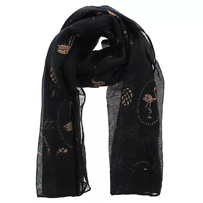 £7.69 • Buy Women Ladies Scarf With Gold Glitter Flamingo & Pineapple Print