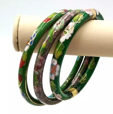 Vintage Asian Stunning  Set Of 3 Doubled Green Floral Cloisonné Bangle Bracelets • $75