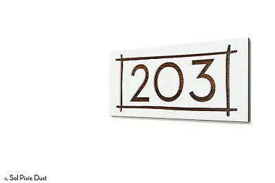 Modern House NumbersLine Ornament White Acrylic With Red Oak Aluminum Backing • £51.15