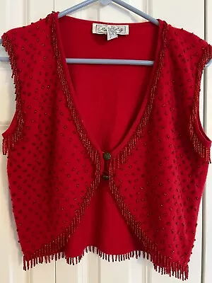Vtg Private Party Cropped Sweater Vest Red Beaded Womens  S Lambswool Angora 80s • $20