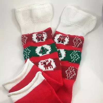 Vintage Handmade Knit Christmas Leg Warmers Knee High Holiday Red Green Santa • $29.95