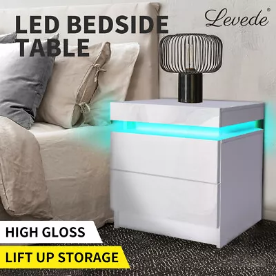 Levede Bedside Tables RGB LED Side Table 2 Drawers High Gloss Nightstand Cabinet • $79.99