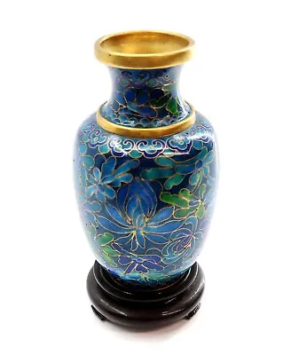 Vintage 4  Cloisonne Vase Chinese Blue Floral Design Enamel And Brass With Stand • $22.39