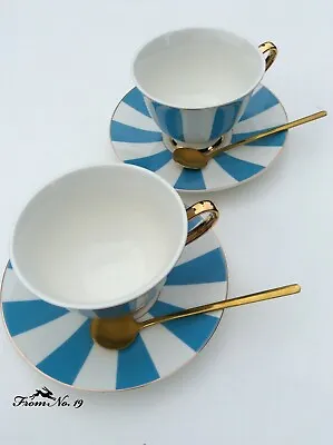 £26 • Buy Gift Box Qty.2  Blue And White Stripy Teacup And Saucer With Napkin And Spoon.