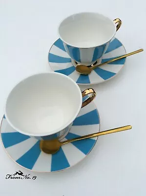 £26 • Buy Gift Box Qty.2  Blue And White Stripy Teacup And Saucer With Napkin And Spoon.