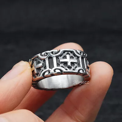 Mens Stainless Steel Gothic Christian Cross Band Ring For Men Size 4-15 Gift • $14.99