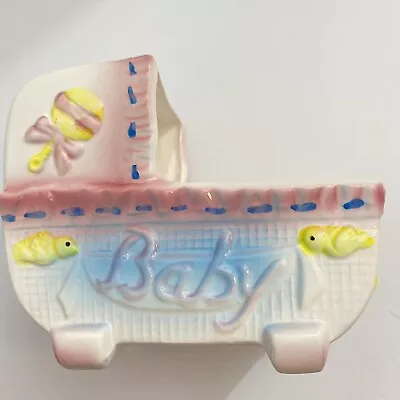 My Neil Vtg 1983 Baby Cradle Planter Pink Bassinet Carriage Nursery Gift Decor • $11.75