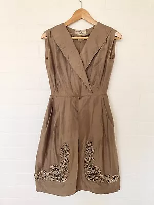 Vintage 1950s Brown Silk Cocktail Dress With Sequnined Embellishment Size 6-8 • $140