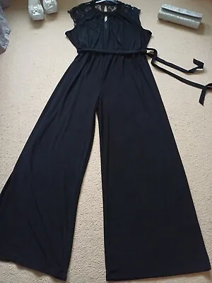 Classic Evening M&S  Black Lace Trim  Belted Jumpsuit 20 22 .. 29  Inside Leg  • £16