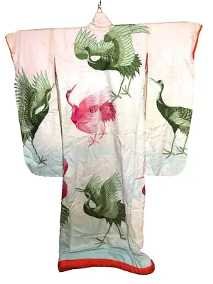 Japanese Kimono Uchikake Vintage Gorgeous Wedding Pink Green Crane (u47) • $225