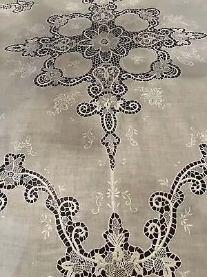 Vintage Embroidered Needle Lace Cotton Tablecloth 105”x 94”  Stunning! • $240