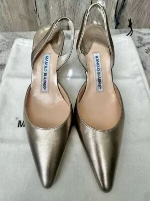 MANOLO BLAHNIK Champagne Gold Leather Pointed Toe CAROLYNE Slingbacks Size 39.5 • $110