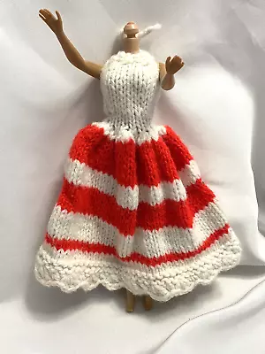 Vtg Barbie Doll Crochet Knit Handmade Clothes Red White Stripe Halter Dress • $8.95