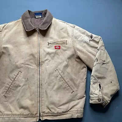 Vintage Dickies Jacket Mens L Tan Detroit Workwear Distressed Mechanic Full Zip • $25