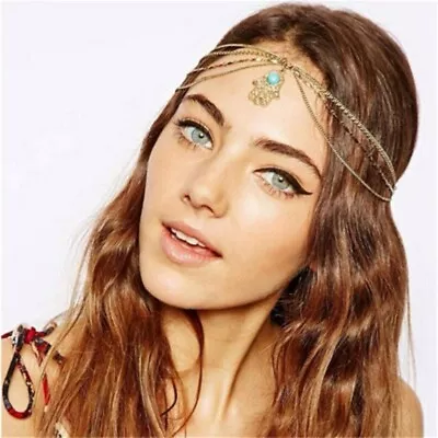 UK Boho Gold Draping Chain 5 Turquoise Hair Cuff Arabian Head Piece Jewellery • £4.39