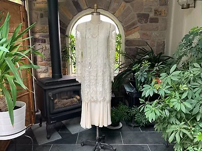 Vintage 1980s Ivory Silk Chiffon Lace Bead And Sequin Tea Length Dress • $70