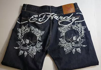 Ed Hardy  2008 Men's Blue Jeans Button Fly Straight Skulls Size 38 X 32 • $85