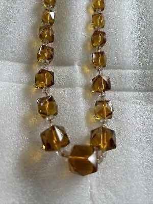 Antique Vintage Amber Color Bicone Crystal & Bead Graduated Necklace Hand Tied • $14.99