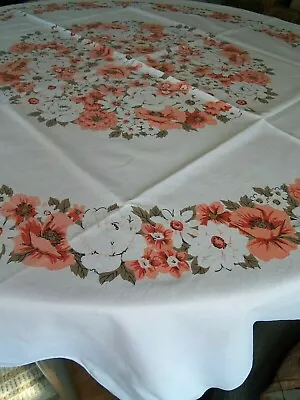 Vintage 70s Peach & Brown Floral Cotton Fall Tablecloth 47 X 52  Cutter? Daisys • $12.99