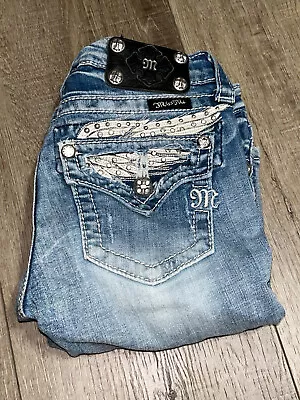 MISS ME Girls Bermuda Jean Shorts Studded CZ Wing Pocket Detail Size 14 • $15.95