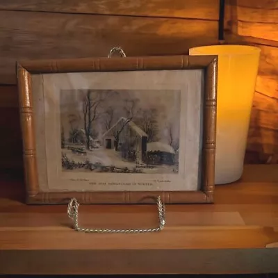 VTG Framed Currier Ives Old Winter Homestead Art VTG Bamboo Frame & Wire Stand  • $12.99