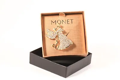 Monet Gold-tone Pavé Rhinestone Christmas Brooch Pin TRUMPETING ANGEL Signed NIB • $14.40