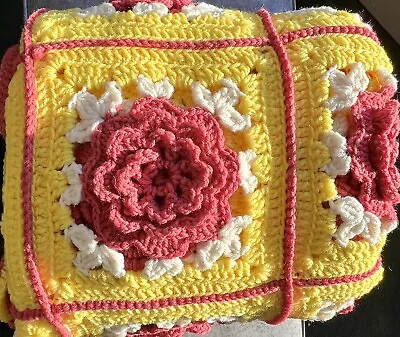 3D FLORAL Crochet Granny Square Afghan Yellow & Mauve Throw BLANKET 48 X 54 • $32.99