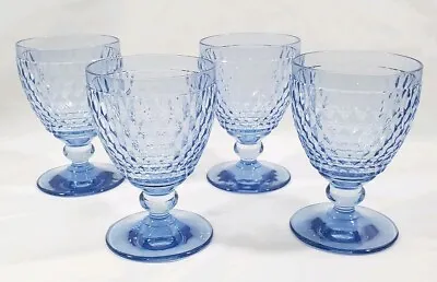 4 Boston Wine Glasses Villeroy Boch Blue Crystal 12 Oz Goblets 5.5  X 3.75 W  • $82.95