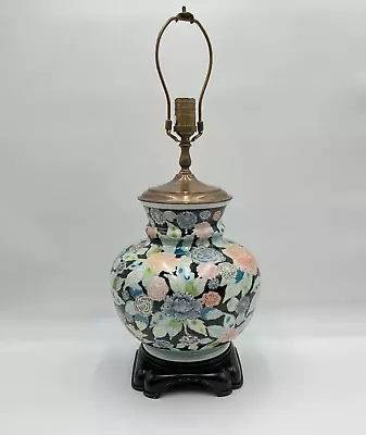 CHINOISERIE FAMILLE NOIRE LAMP Vintage Black Floral Ceramic Tested Works • $199.95