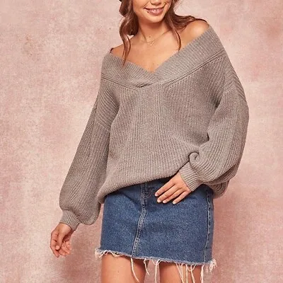 $24 • Buy Promesa Gray Chunky Knit V Neck Off Shoulder Puff Sleeve Oversized Sweater S/m