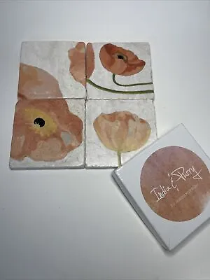 Marble Absorbent Drink Coasters For Drinks Peach Poppies On Snow India & Purry • $30
