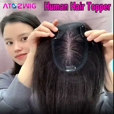 Women PU Base Silk Closure Human Hair Topper Toupee  Straight Natural Remy Hair • $58.30