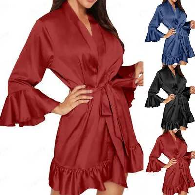 $18.29 • Buy Women's Silk Satin Ruffle Dressing Gown Bandage Kimono Robe Bridesmaid Sleepwear