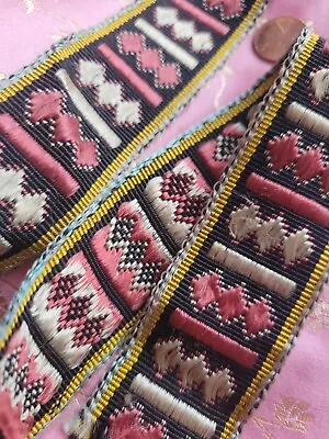 Woven Vintage Ribbon Trim 26   Embroidered 1920s Lot Pink Jaquard  • $9.99