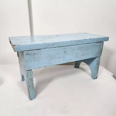 Vintage MCM Wooden Sky Blue Painted Distressed Oak Foot Step Stool Bench COUNTRY • $40.63