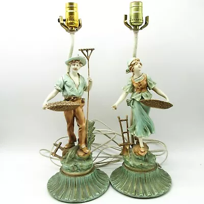 Pair L. & F. Moreau Collection Francaise Spelter Art Nouveau Lamps Made In Usa • $250