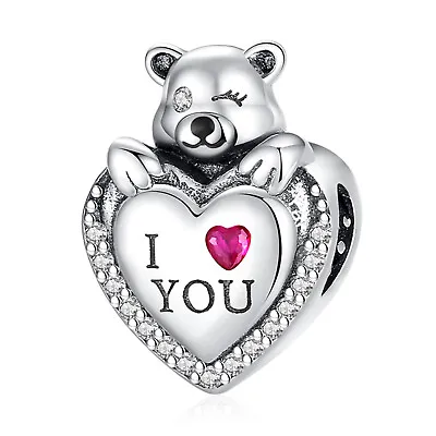 Authentic 925 Sterling Silver I Love You Heart Bear Charm For Bracelets Necklace • $17.98