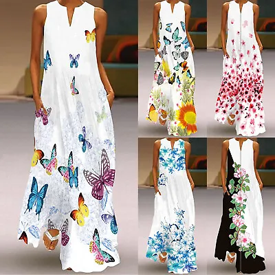 Women Plus Size Dress V Neck Sleeveless Maxi Dress Split Hem Kaftan Print Dress • $35.49