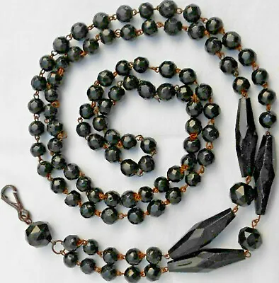 RARE ANTIQUE VICTORIAN MOURNING BEADED VULCANITE Or GLASS/DOG CLIP GUARD CHAIN • $79