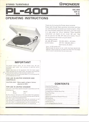 Operating Instructions For Pioneer PL-400 • $16.40