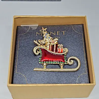 Monet Pave Rhinestone Pin Brooch Christmas Santas Sleigh New  Enamel Gold Tone • $22.95